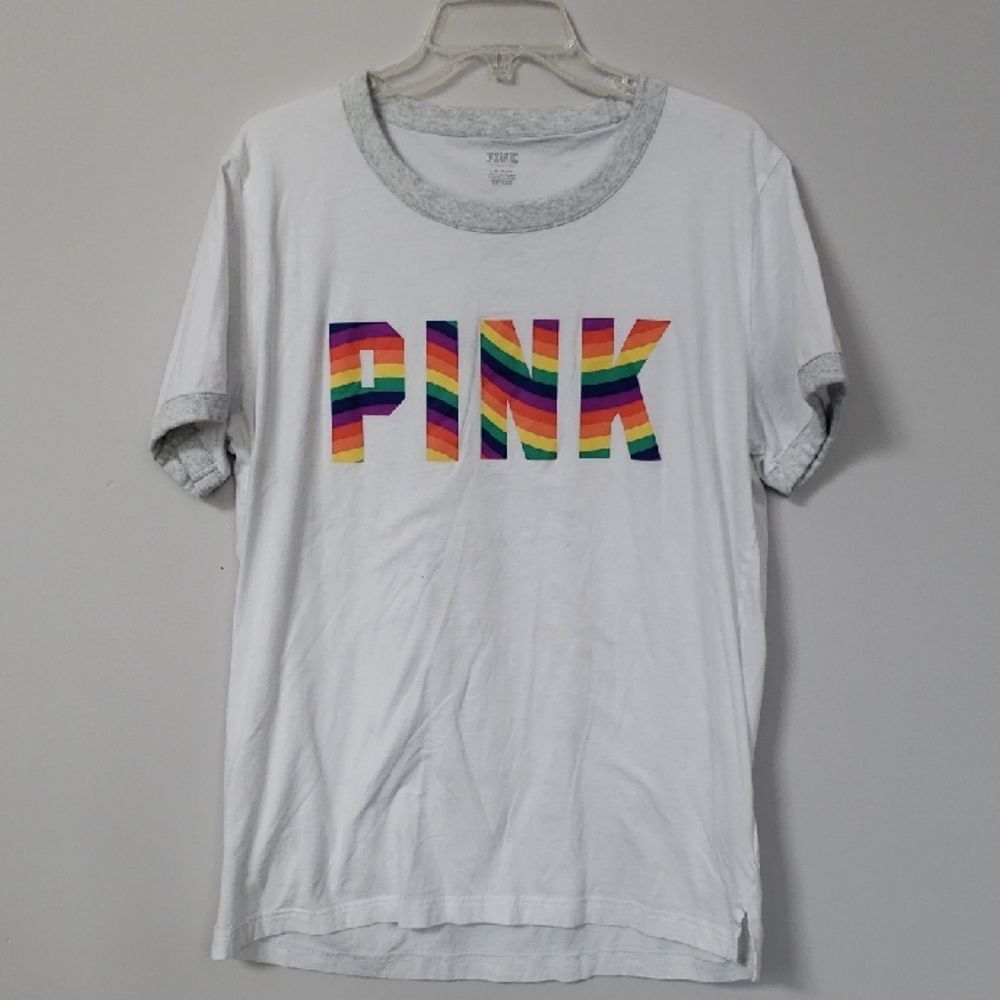 PINK Victoria's Secret Ringer Tee Unisex L Rainbow Logo Spell Out Shirt Soft